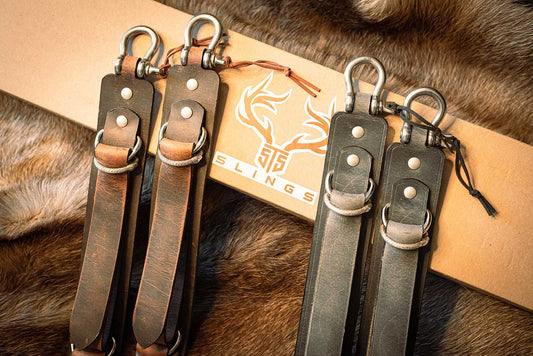 Close-up of Crazy Horse Water Buffalo full grain leather gun slings